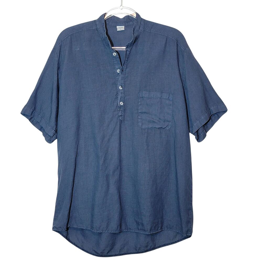 Beslika Blue Chambray Linen Tunic Top Short Sleeve Classic Minimalist Casual L